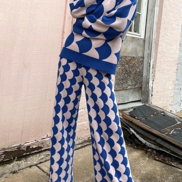 Rhode Freya Scallop Printed Wide Leg High Waisted Wool Ankle Pants Blue‎ Sz S - Picture 1 of 15